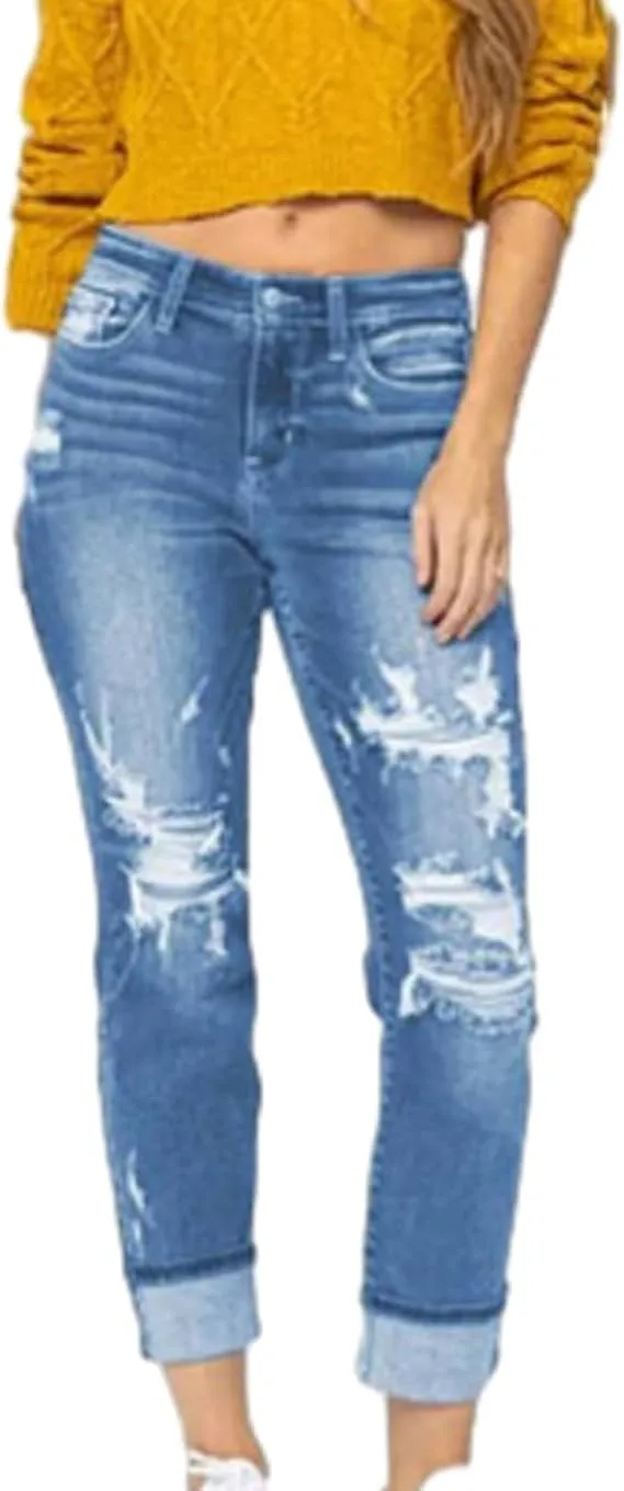 Mypeachd Jeans, Mypeachd Pants, Stretch High Waisted Tummy Control Distressed Cuffed Boyfriend Jeans for Women
