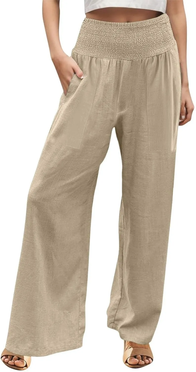NBXNZWF Women Cotton Linen Pants Tummy Control Smocked High Waisted Wide Leg Casual Trousers Summer Lounge Pants with Pocket