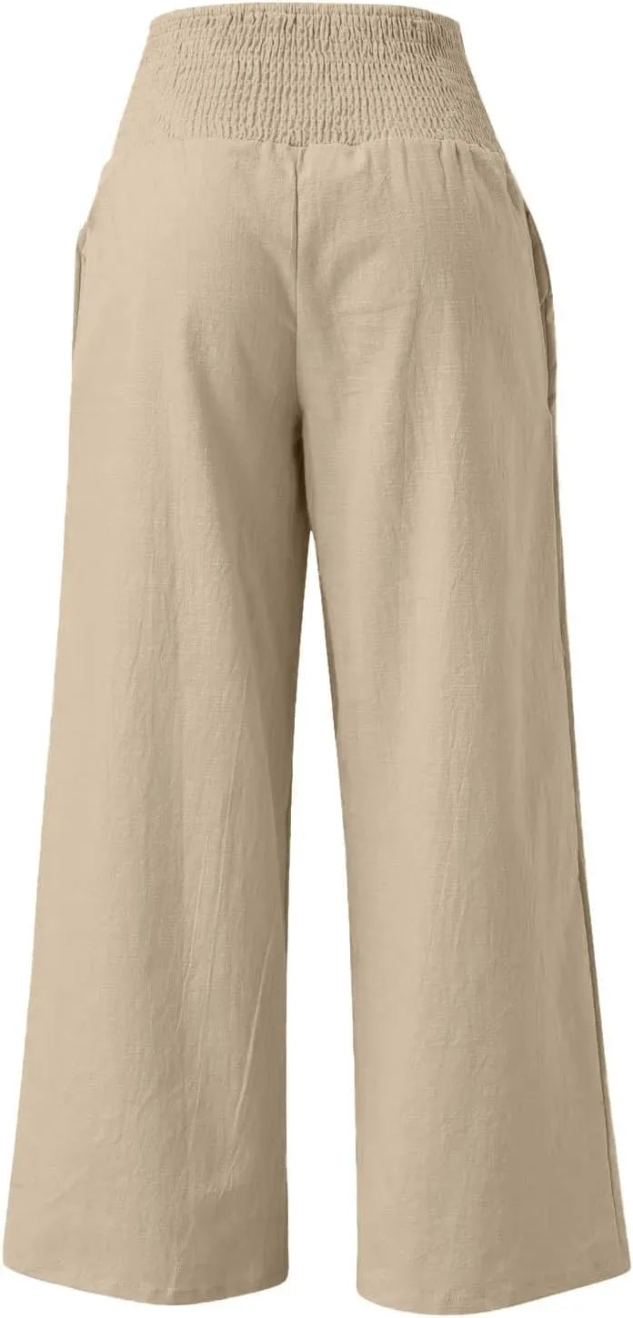 NBXNZWF Women Cotton Linen Pants Tummy Control Smocked High Waisted Wide Leg Casual Trousers Summer Lounge Pants with Pocket