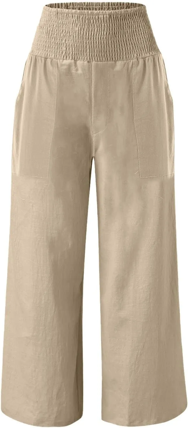 NBXNZWF Women Cotton Linen Pants Tummy Control Smocked High Waisted Wide Leg Casual Trousers Summer Lounge Pants with Pocket