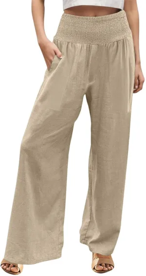 NBXNZWF Women Cotton Linen Pants Tummy Control Smocked High Waisted Wide Leg Casual Trousers Summer Lounge Pants with Pocket