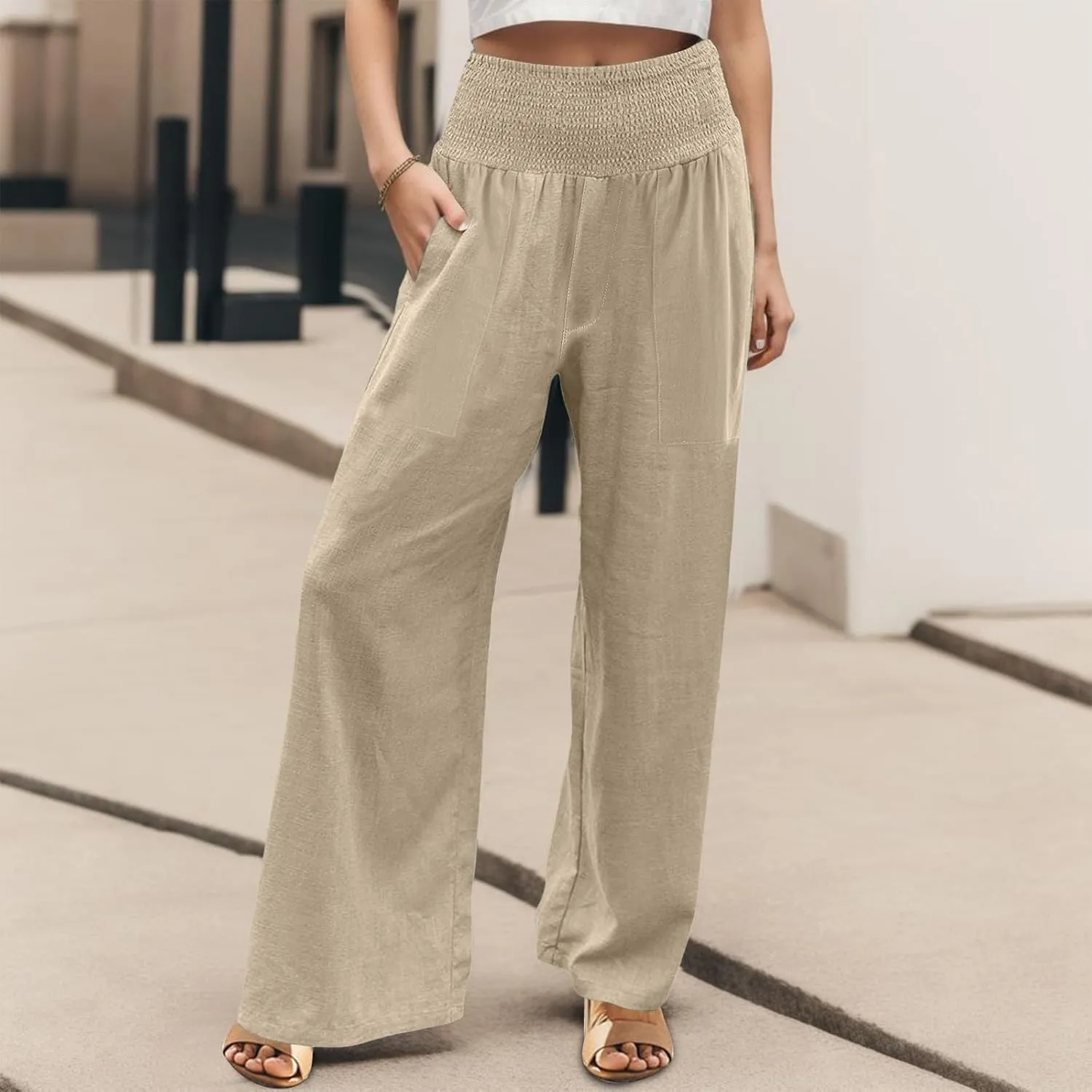NBXNZWF Women Cotton Linen Pants Tummy Control Smocked High Waisted Wide Leg Casual Trousers Summer Lounge Pants with Pocket