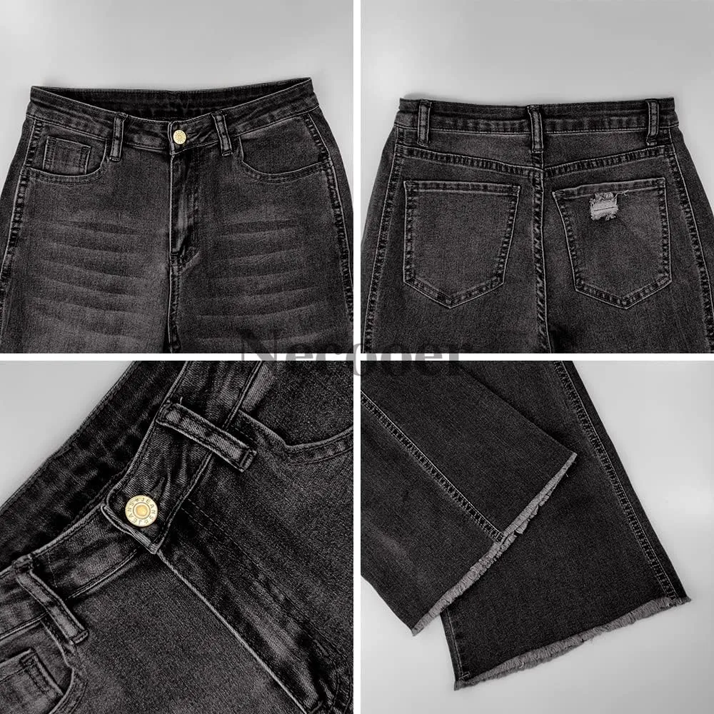 Necooer Womens Bell Bottom Jeans Classic Stretch Raw Hem Flare Denim Jeans Pants