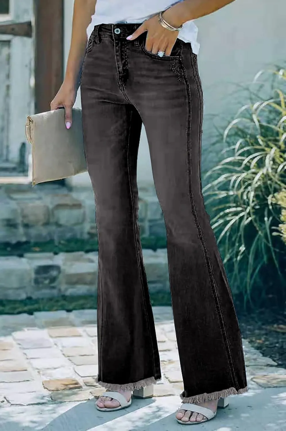 Necooer Womens Bell Bottom Jeans Classic Stretch Raw Hem Flare Denim Jeans Pants