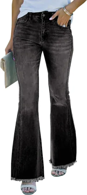 Necooer Womens Bell Bottom Jeans Classic Stretch Raw Hem Flare Denim Jeans Pants