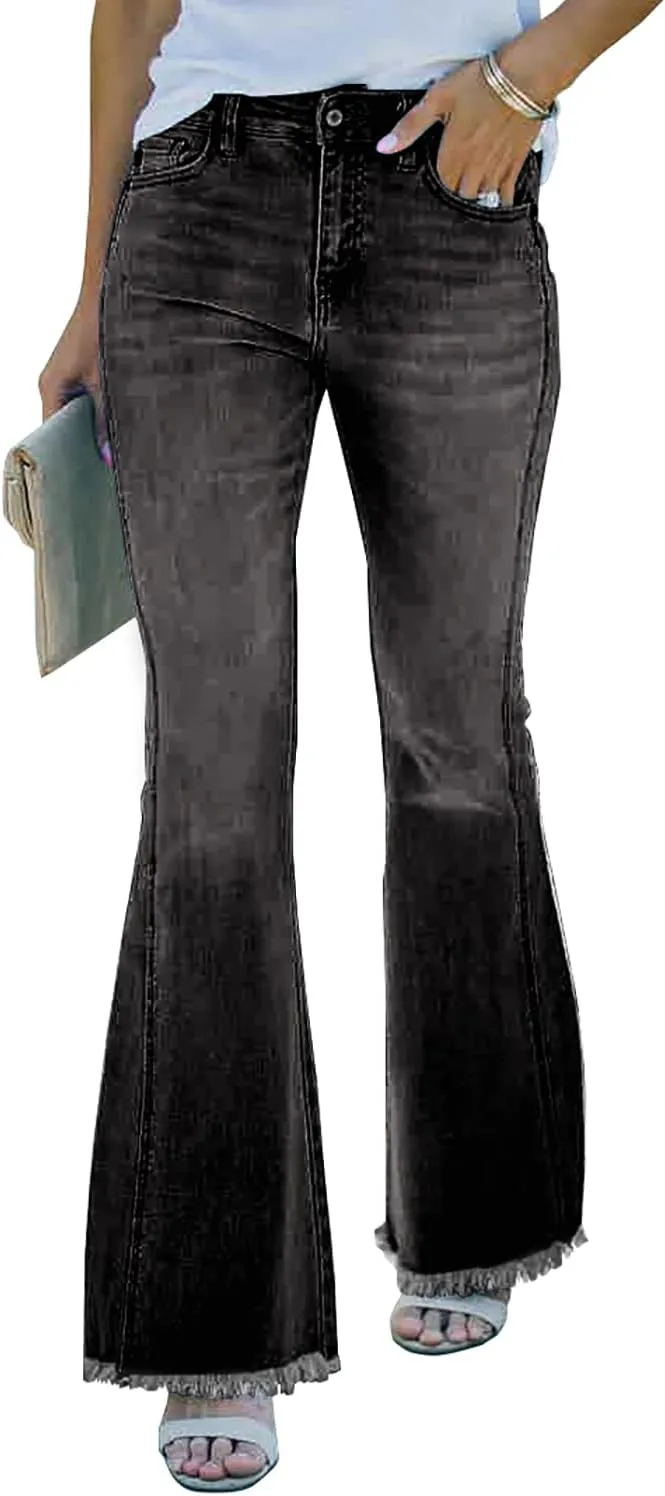Necooer Womens Bell Bottom Jeans Classic Stretch Raw Hem Flare Denim Jeans Pants