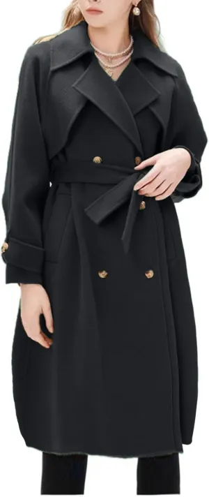 Notch Lapel Trench Coat for Women Wool Blend Winter Jackets Warm Double Breasted Midi Long Wool Pea Coat with Belts