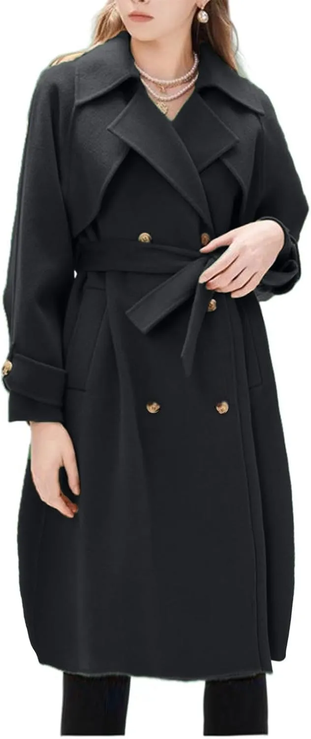 Notch Lapel Trench Coat for Women Wool Blend Winter Jackets Warm Double Breasted Midi Long Wool Pea Coat with Belts