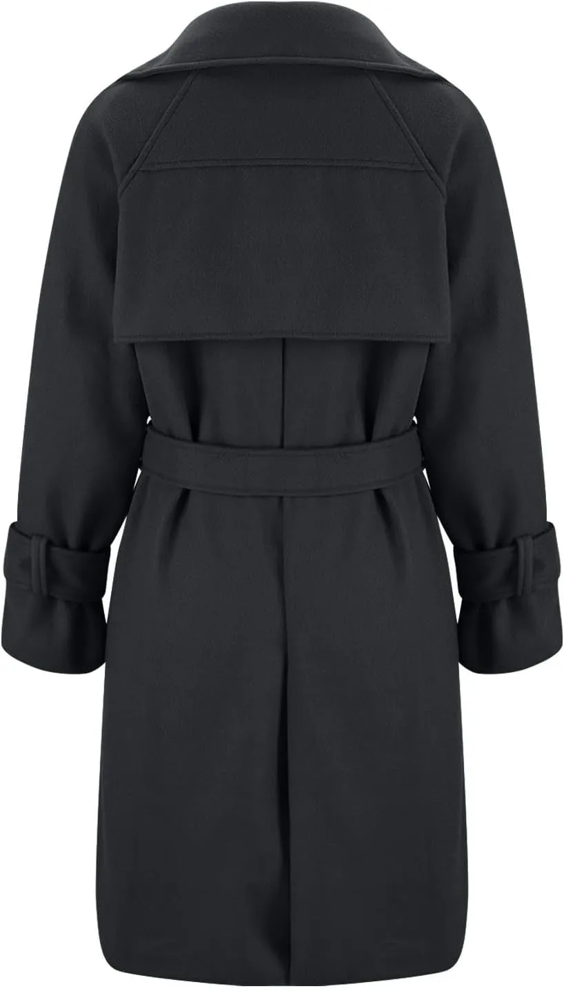Notch Lapel Trench Coat for Women Wool Blend Winter Jackets Warm Double Breasted Midi Long Wool Pea Coat with Belts