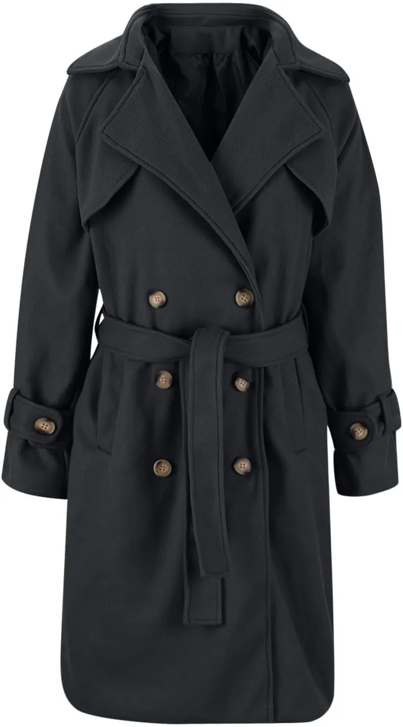 Notch Lapel Trench Coat for Women Wool Blend Winter Jackets Warm Double Breasted Midi Long Wool Pea Coat with Belts