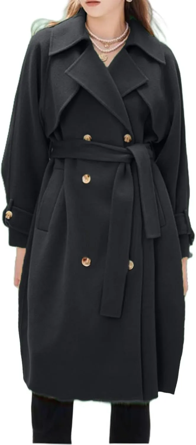 Notch Lapel Trench Coat for Women Wool Blend Winter Jackets Warm Double Breasted Midi Long Wool Pea Coat with Belts