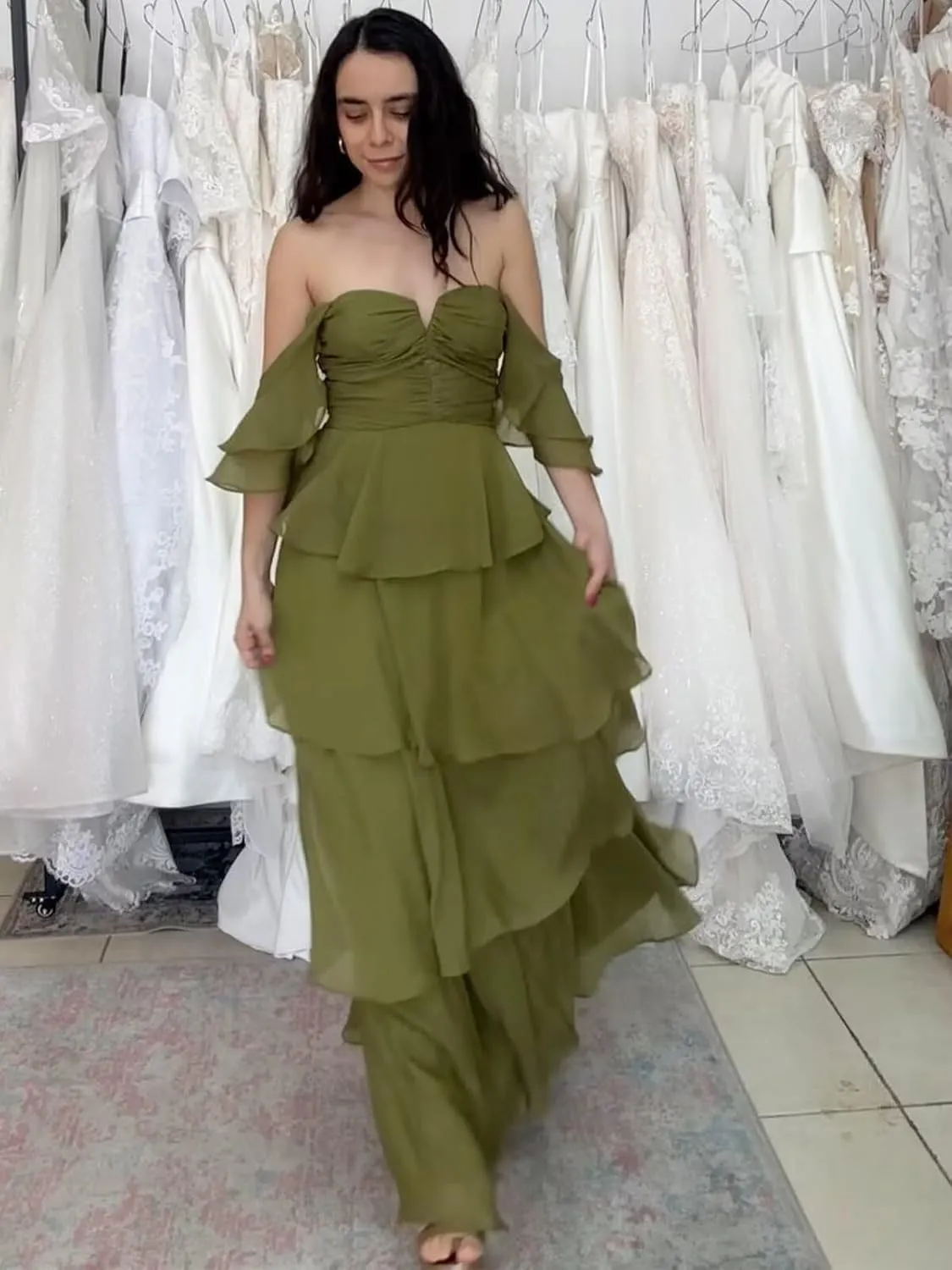 OFEYCHUN Ruffle Tiered Bridesmaid Dress Chiffon Long Prom Dresses 2025 Off The Shoulder Formal Dress
