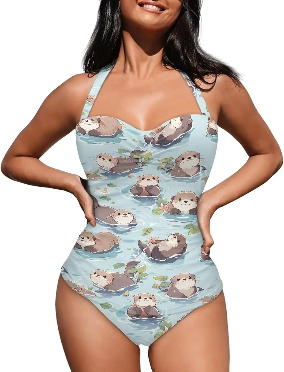 One Piece Swimsuit for Women Tummy Control Halter Push up Bathing Suit Square Neck Swimwear