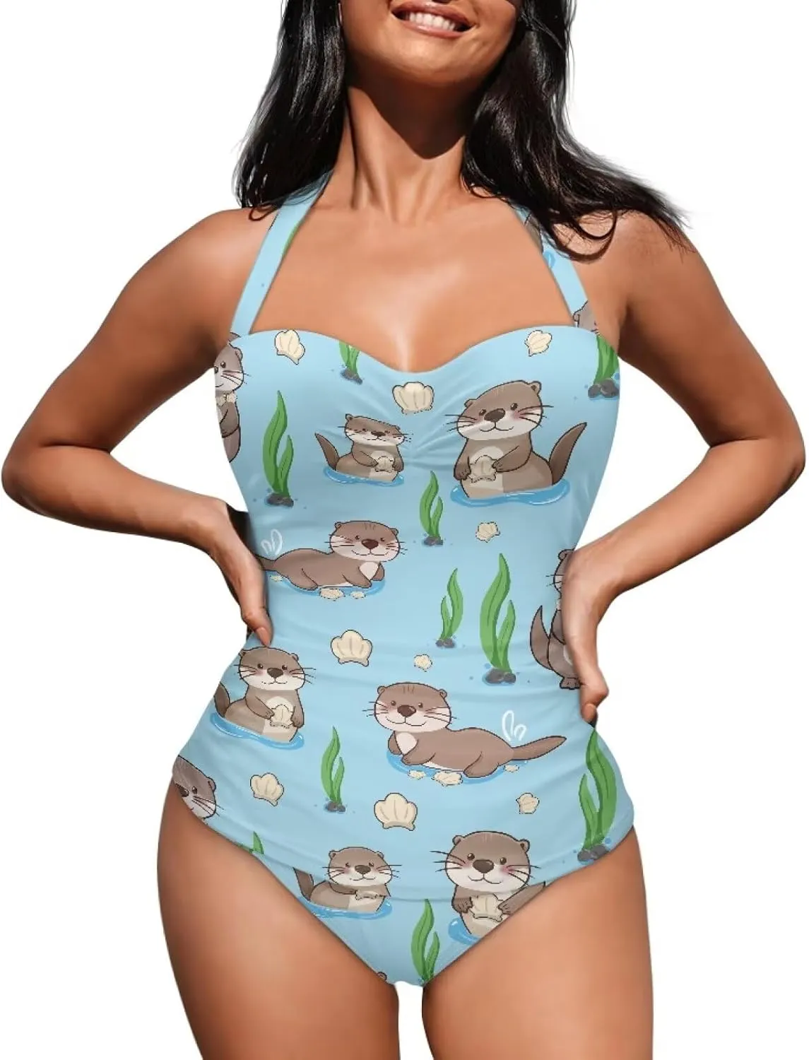 One Piece Swimsuit for Women Tummy Control Halter Push up Bathing Suit Square Neck Swimwear
