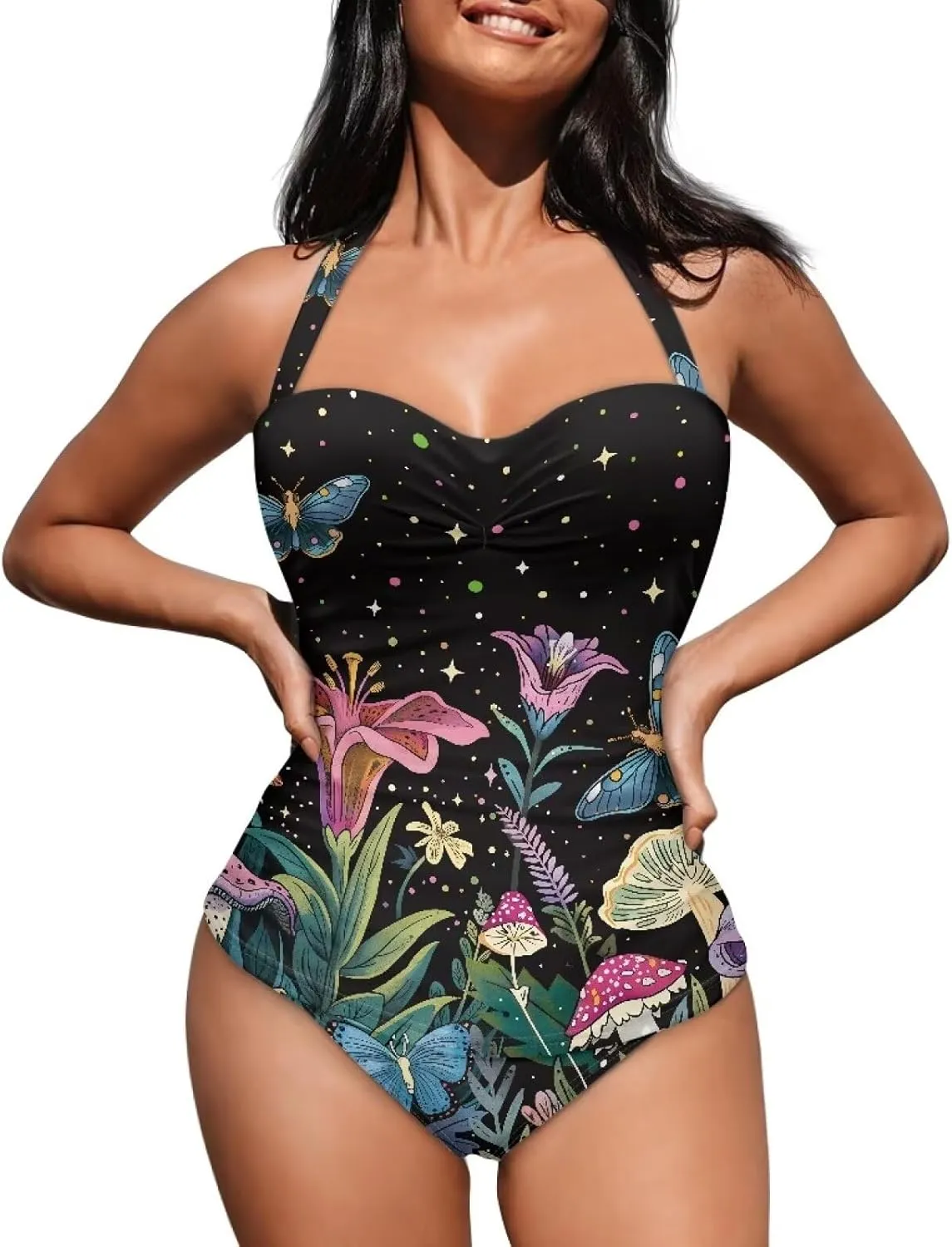 One Piece Swimsuit for Women Tummy Control Halter Push up Bathing Suit Square Neck Swimwear