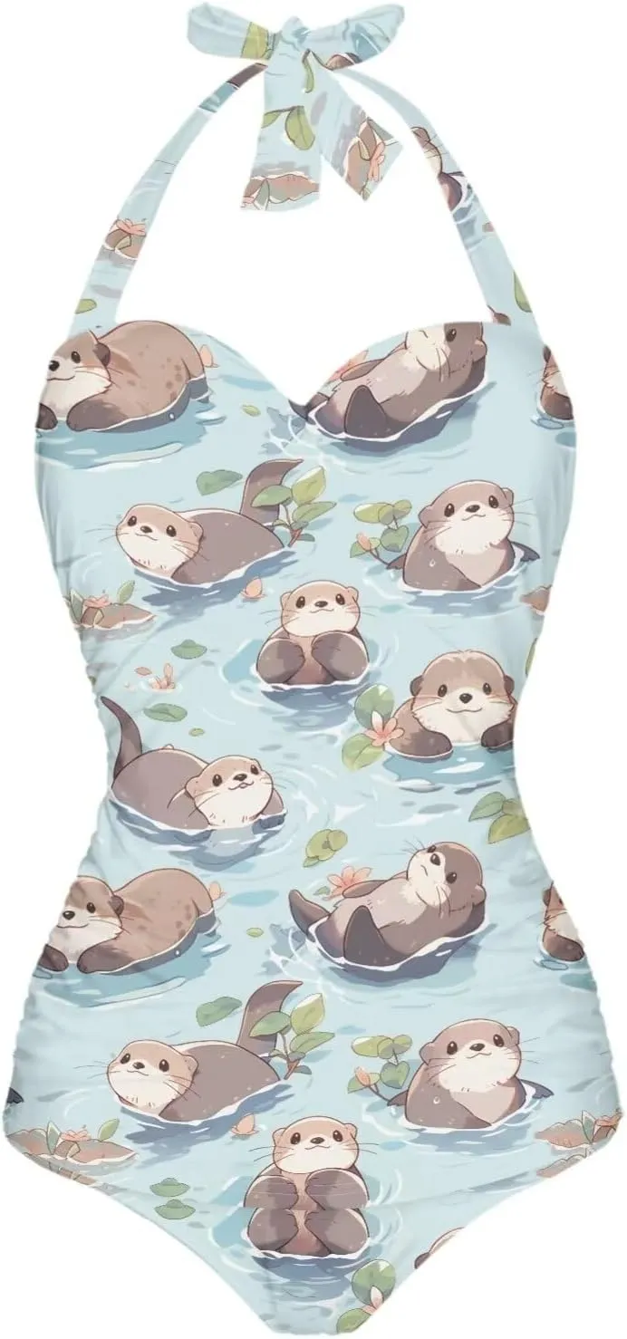 One Piece Swimsuit for Women Tummy Control Halter Push up Bathing Suit Square Neck Swimwear