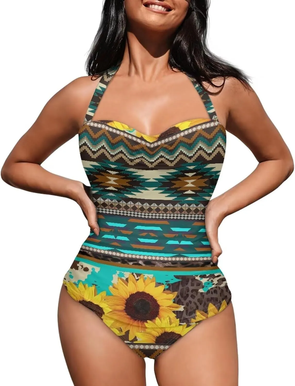 One Piece Swimsuit for Women Tummy Control Halter Push up Bathing Suit Square Neck Swimwear