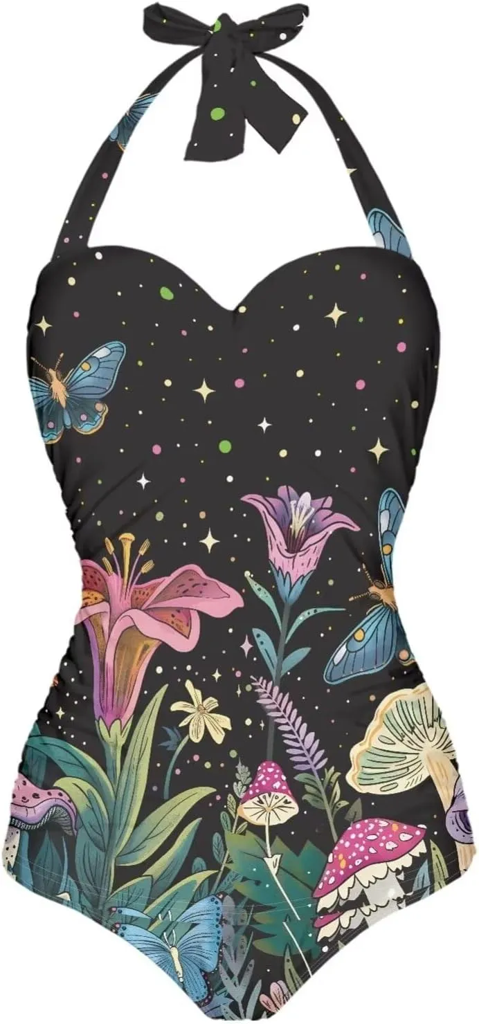 One Piece Swimsuit for Women Tummy Control Halter Push up Bathing Suit Square Neck Swimwear