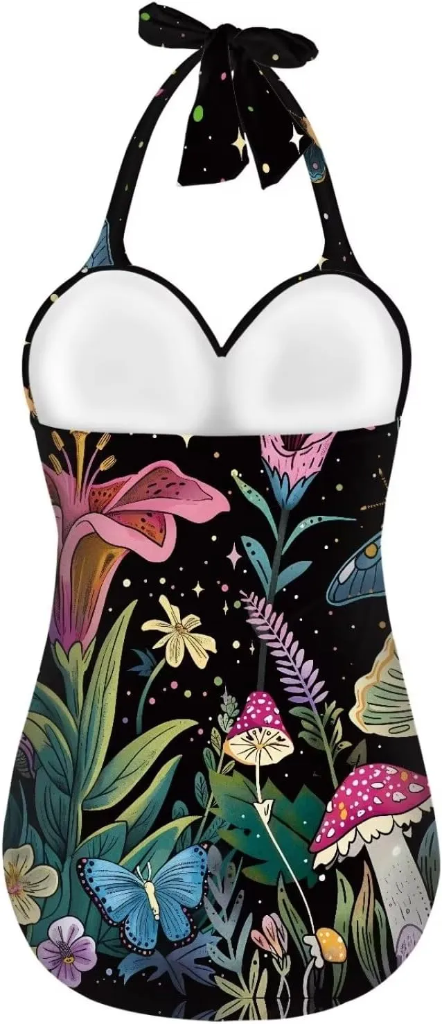 One Piece Swimsuit for Women Tummy Control Halter Push up Bathing Suit Square Neck Swimwear