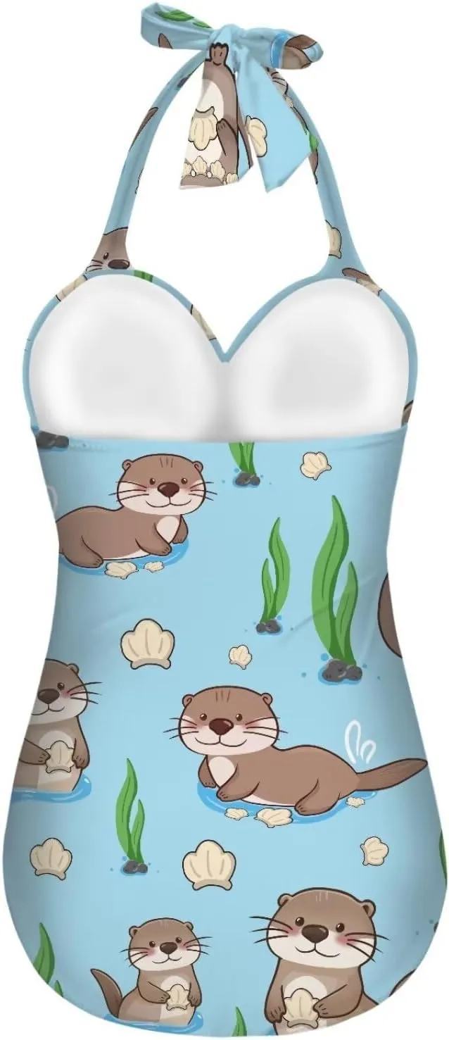 One Piece Swimsuit for Women Tummy Control Halter Push up Bathing Suit Square Neck Swimwear