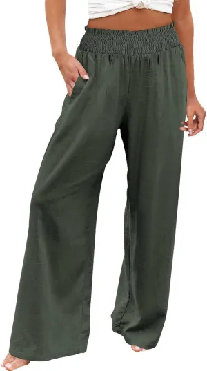 Palazzo Linen Pants Women 2024 High Waisted Wide Leg Boho Trousers Casual Drawstring Loose Workout Pants with Pockets