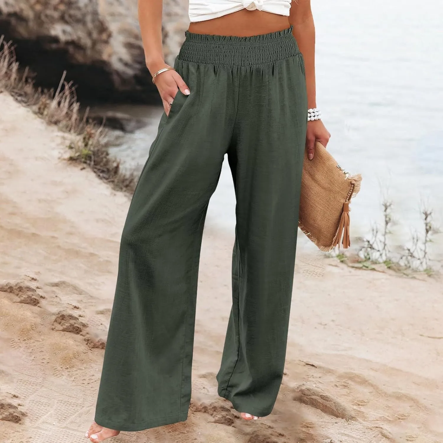 Palazzo Linen Pants Women 2024 High Waisted Wide Leg Boho Trousers Casual Drawstring Loose Workout Pants with Pockets
