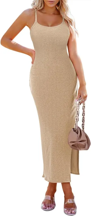 Pink Queen Women's Sleeveless Bodycon Slip Dress Spaghetti Strap Backless Ribbed Split Maxi Long Dresses