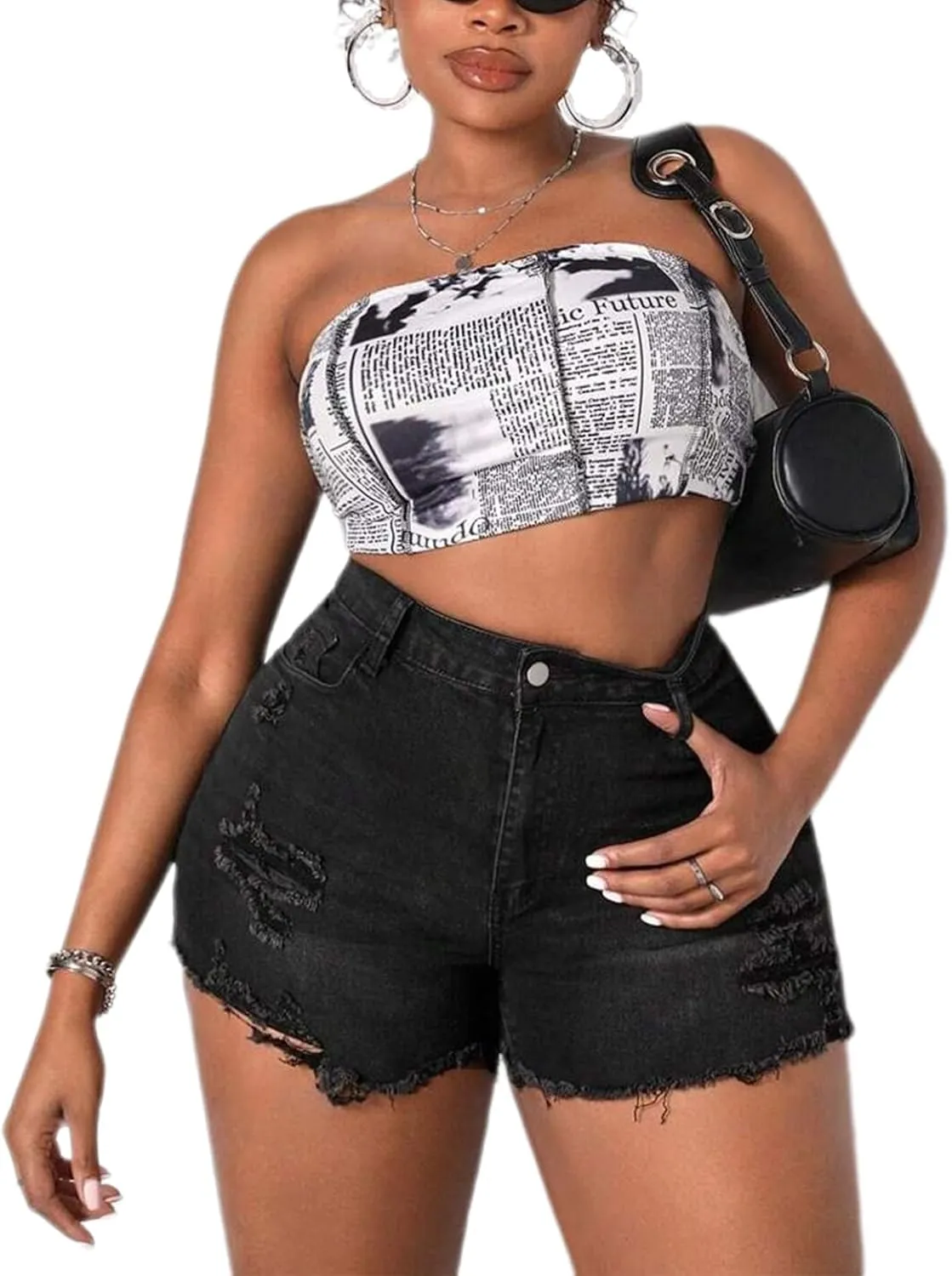 Plus Size Denim Shorts Women High Waisted Ripped Folded Hem Jean Shorts