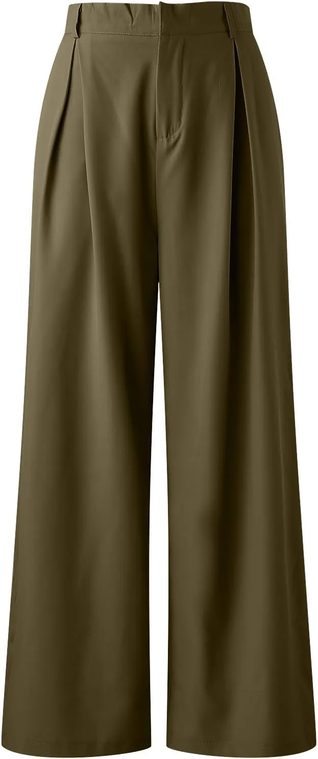 Plus Size Wide Leg Pants with Pockets Flowy Summer Palazzo High Waist Elastic Lounge Trouser Straight Wide Leg Pants