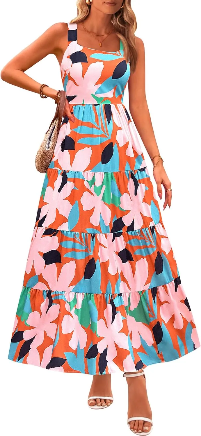 PRETTYGARDEN Women's Summer Floral Maxi Dress Sleeveless Smocked Ruffle Long Flowy Beach Vacation Boho Sundresses