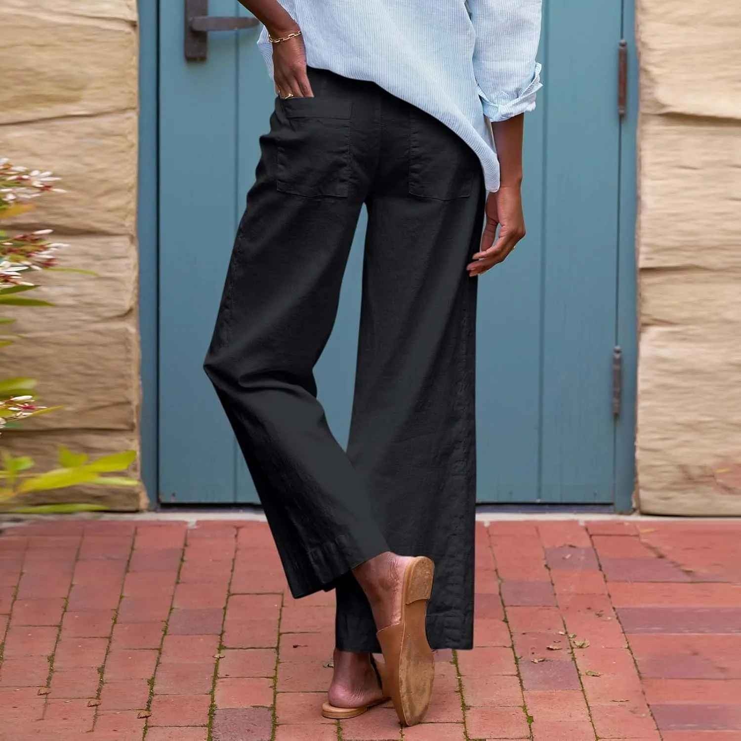 PTOLOCIF Cotton Linen Pants Women,Cotton Linen Palazzo Pants Drawstring Elastic Waist Beach Pants Wide Leg Dress Pants