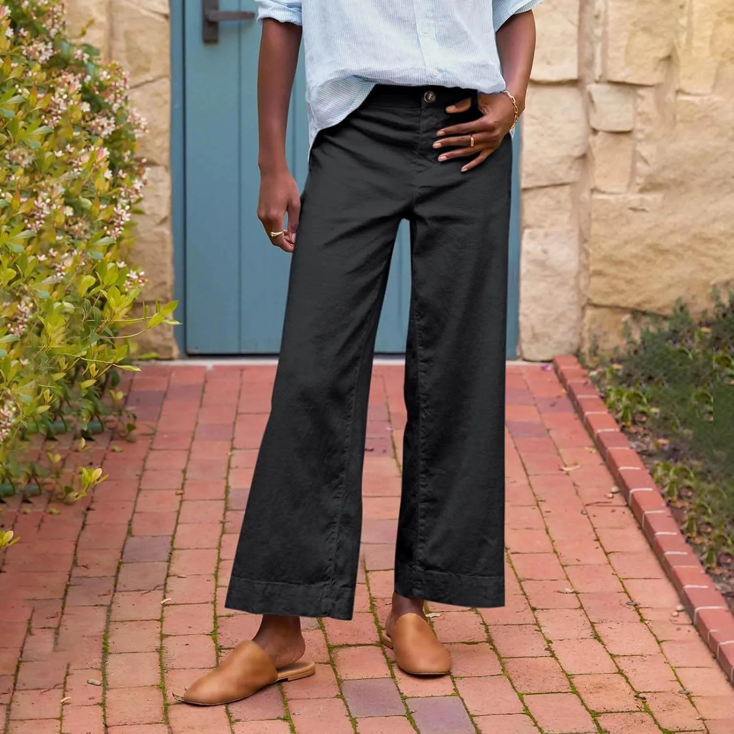 PTOLOCIF Cotton Linen Pants Women,Cotton Linen Palazzo Pants Drawstring Elastic Waist Beach Pants Wide Leg Dress Pants