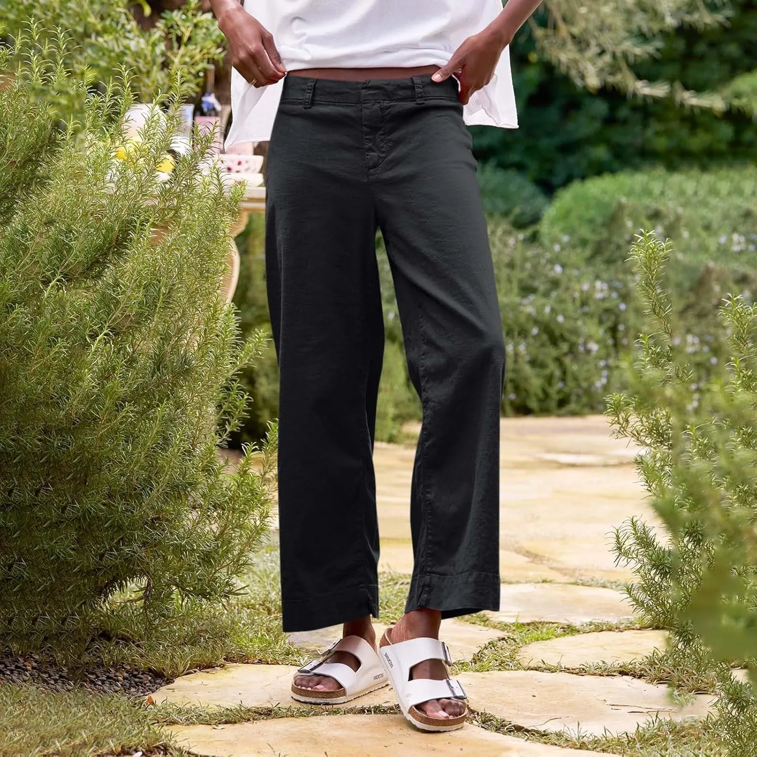PTOLOCIF Cotton Linen Pants Women,Cotton Linen Palazzo Pants Drawstring Elastic Waist Beach Pants Wide Leg Dress Pants