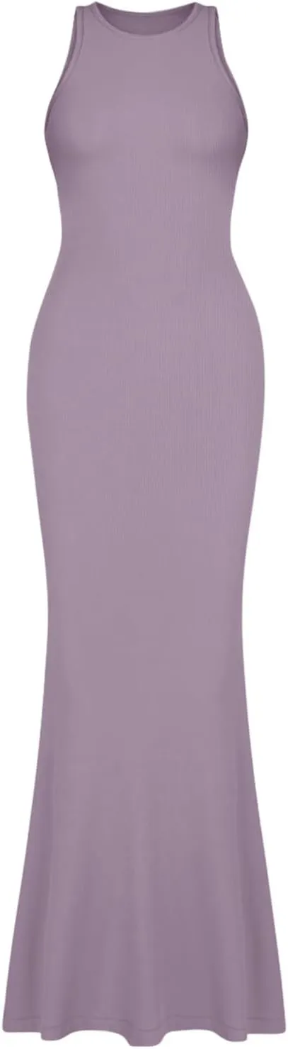 REORIA Women's Basic Sexy Lounge Slip Long Dress Elegant Sleeveless Backless Ribbed Bodycon Maxi Dresses