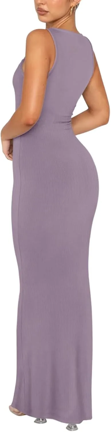 REORIA Women's Basic Sexy Lounge Slip Long Dress Elegant Sleeveless Backless Ribbed Bodycon Maxi Dresses