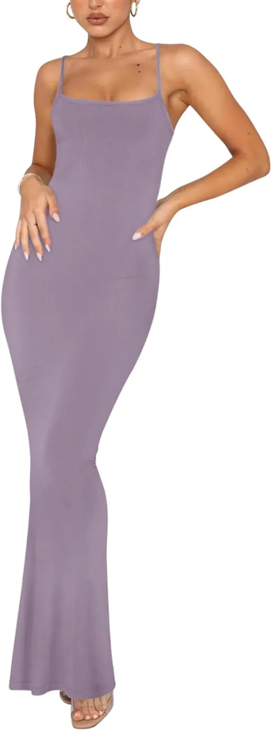 REORIA Women's Basic Sexy Lounge Slip Long Dress Elegant Sleeveless Backless Ribbed Bodycon Maxi Dresses