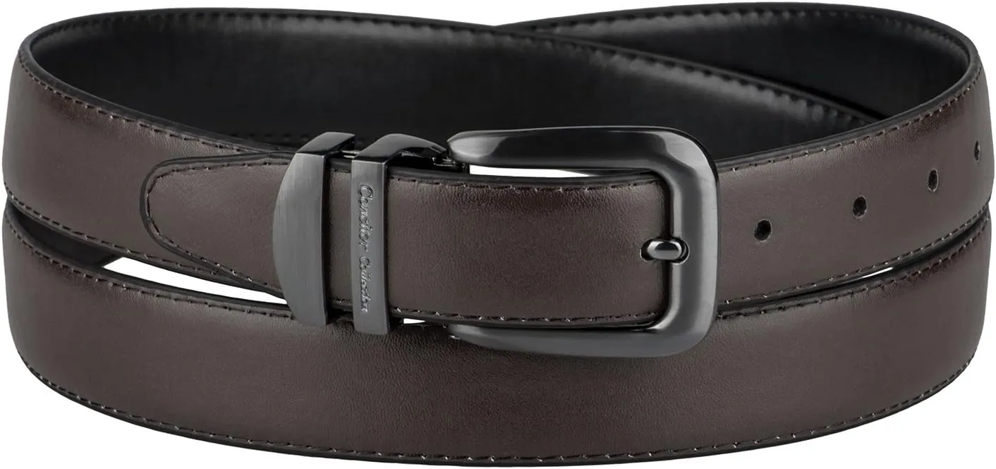 Reversible Belt Solid Colors & Black Bonded Leather Pewter-Tone Buckle