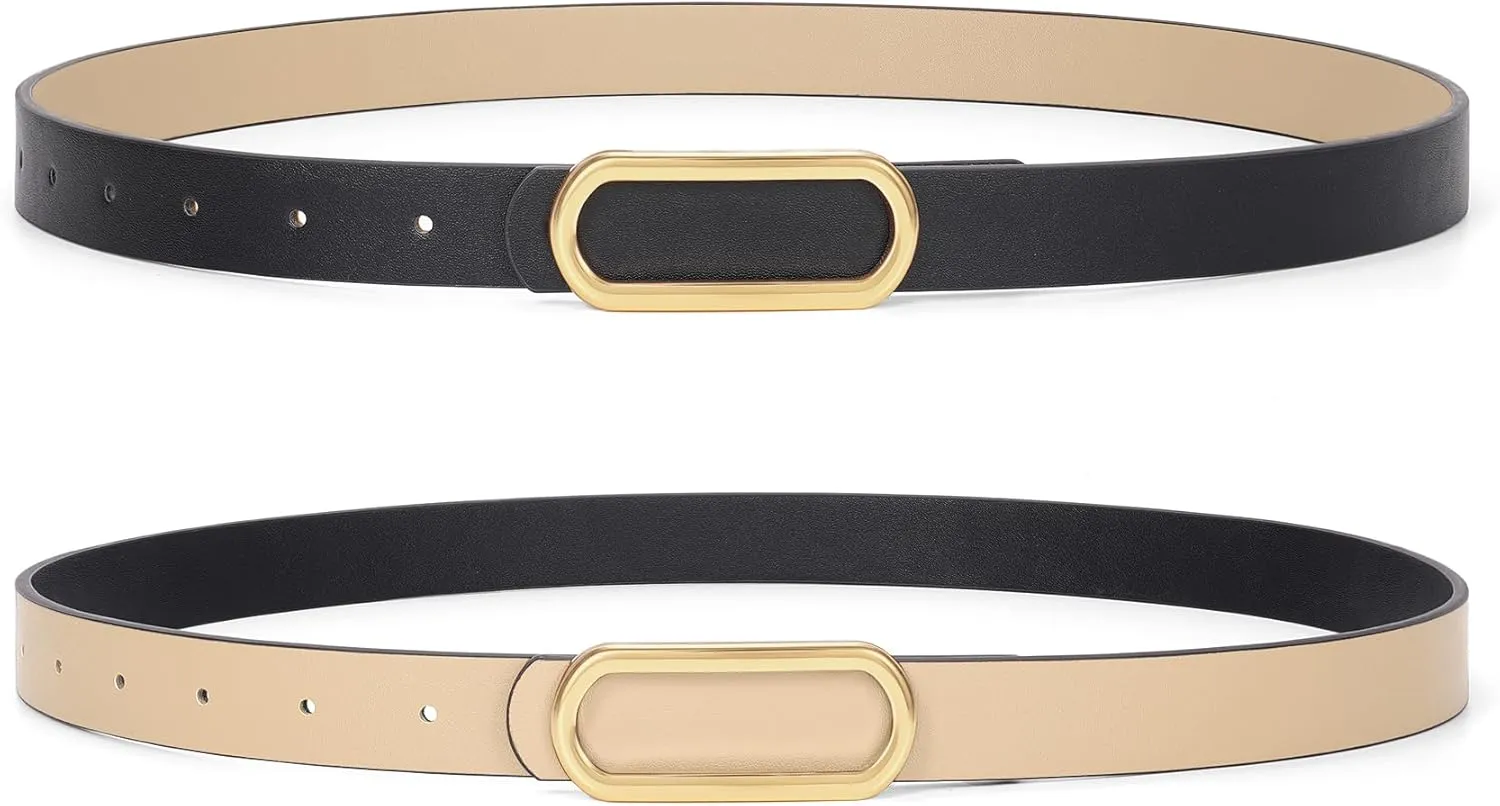 Reversible Leather Belt for Dresses Women Jeans Pants Ladies Skinny Belts Thin with Gold Silver Buckle,1 Pack