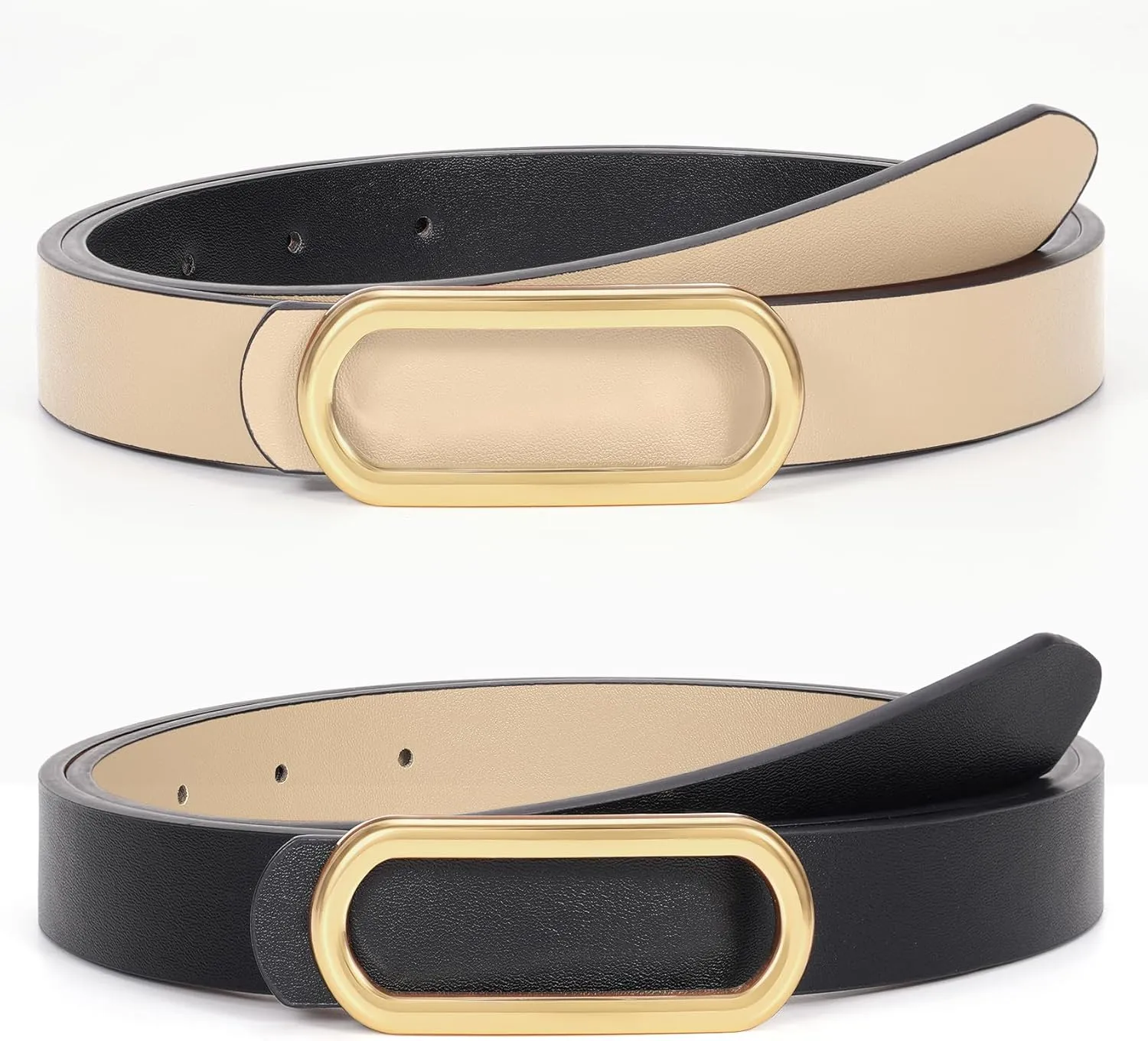 Reversible Leather Belt for Dresses Women Jeans Pants Ladies Skinny Belts Thin with Gold Silver Buckle,1 Pack