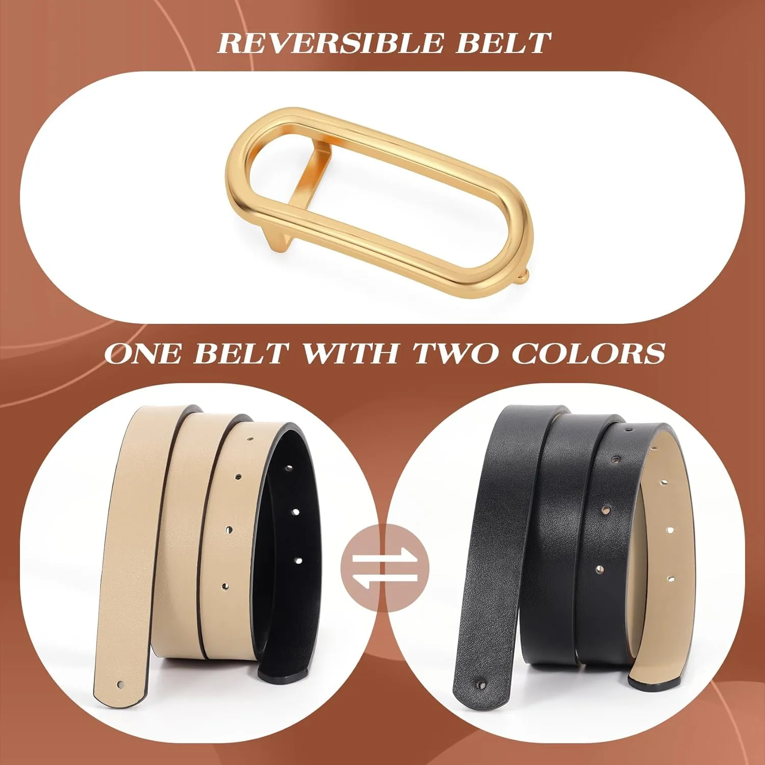 Reversible Leather Belt for Dresses Women Jeans Pants Ladies Skinny Belts Thin with Gold Silver Buckle,1 Pack
