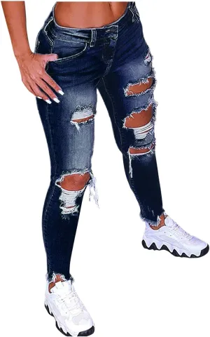 Ripped Boyfriend Jeans Cute Distressed Jeans Stretch Skinny Jeans Destroyed Pull On Denim Pants with Hole