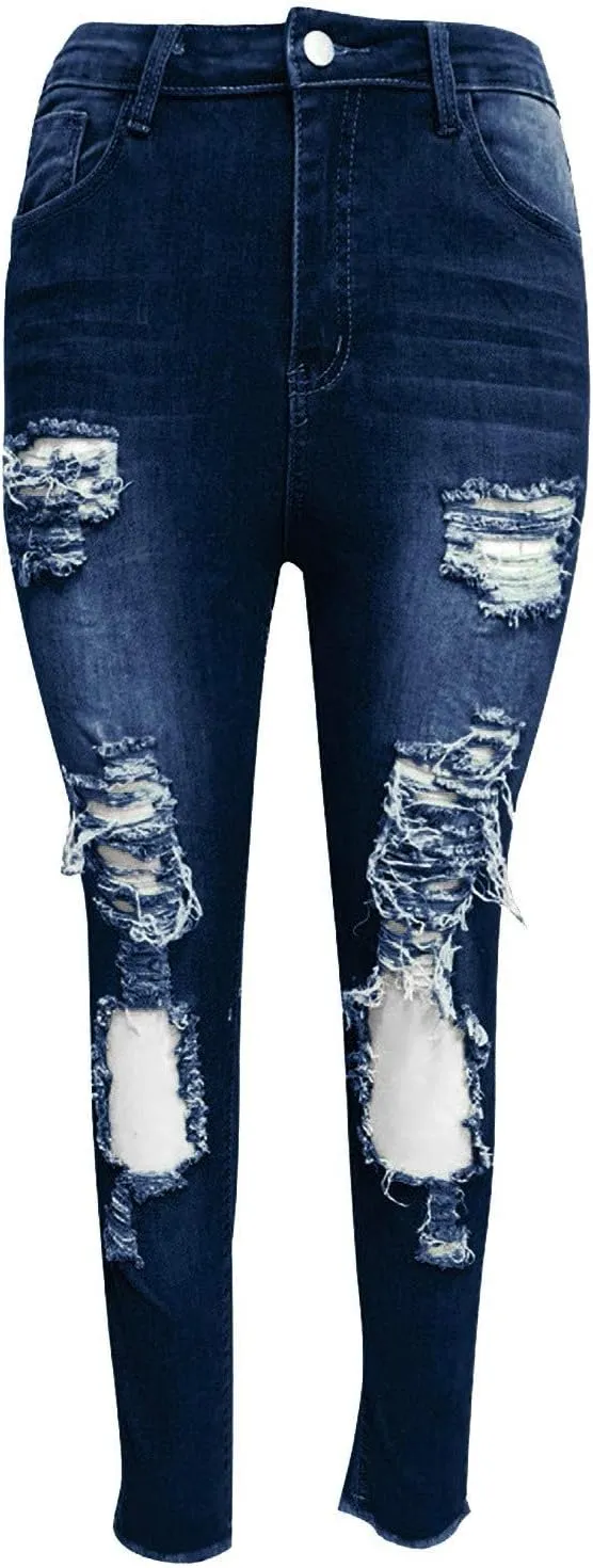 Ripped Boyfriend Jeans Cute Distressed Jeans Stretch Skinny Jeans Destroyed Pull On Denim Pants with Hole