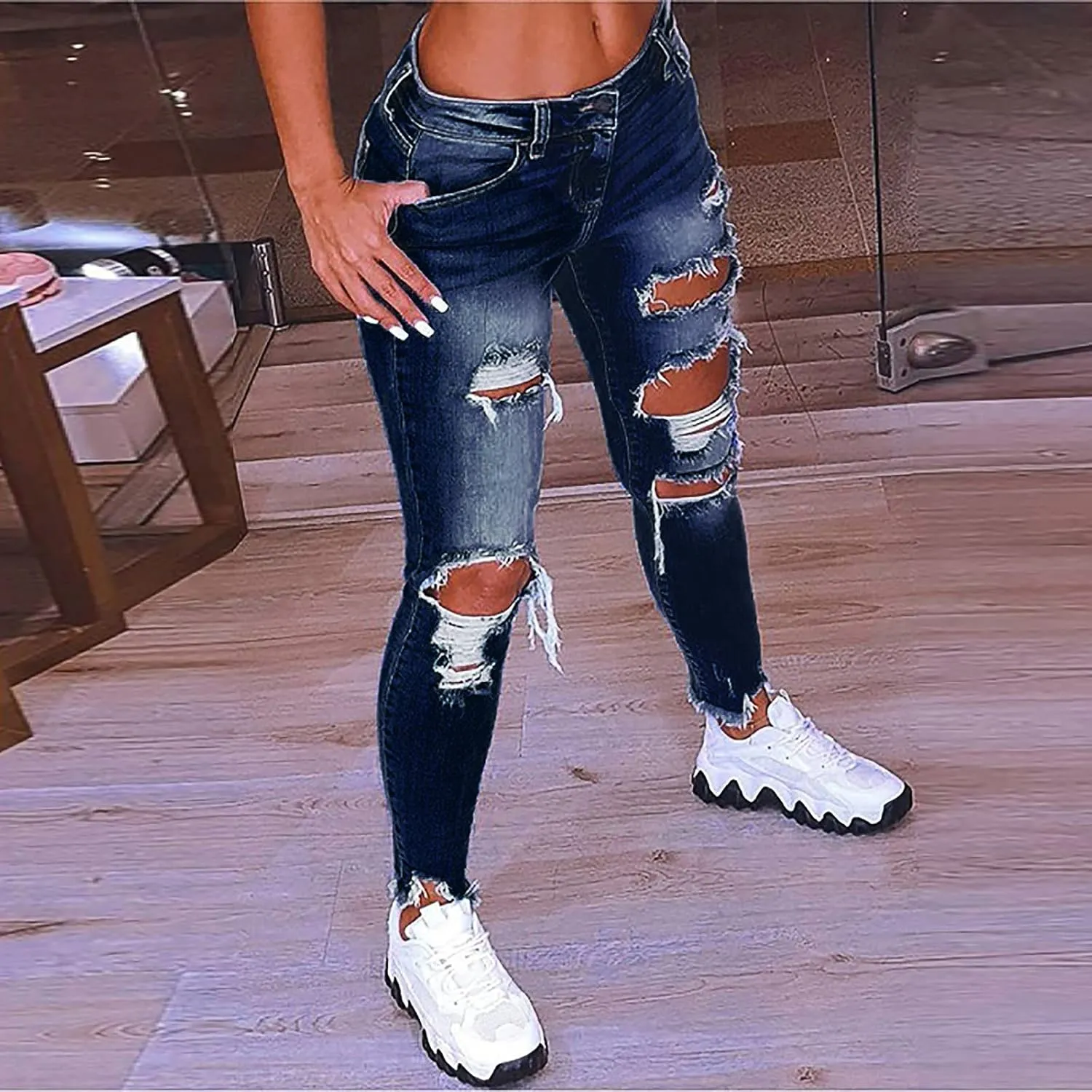 Ripped Boyfriend Jeans Cute Distressed Jeans Stretch Skinny Jeans Destroyed Pull On Denim Pants with Hole