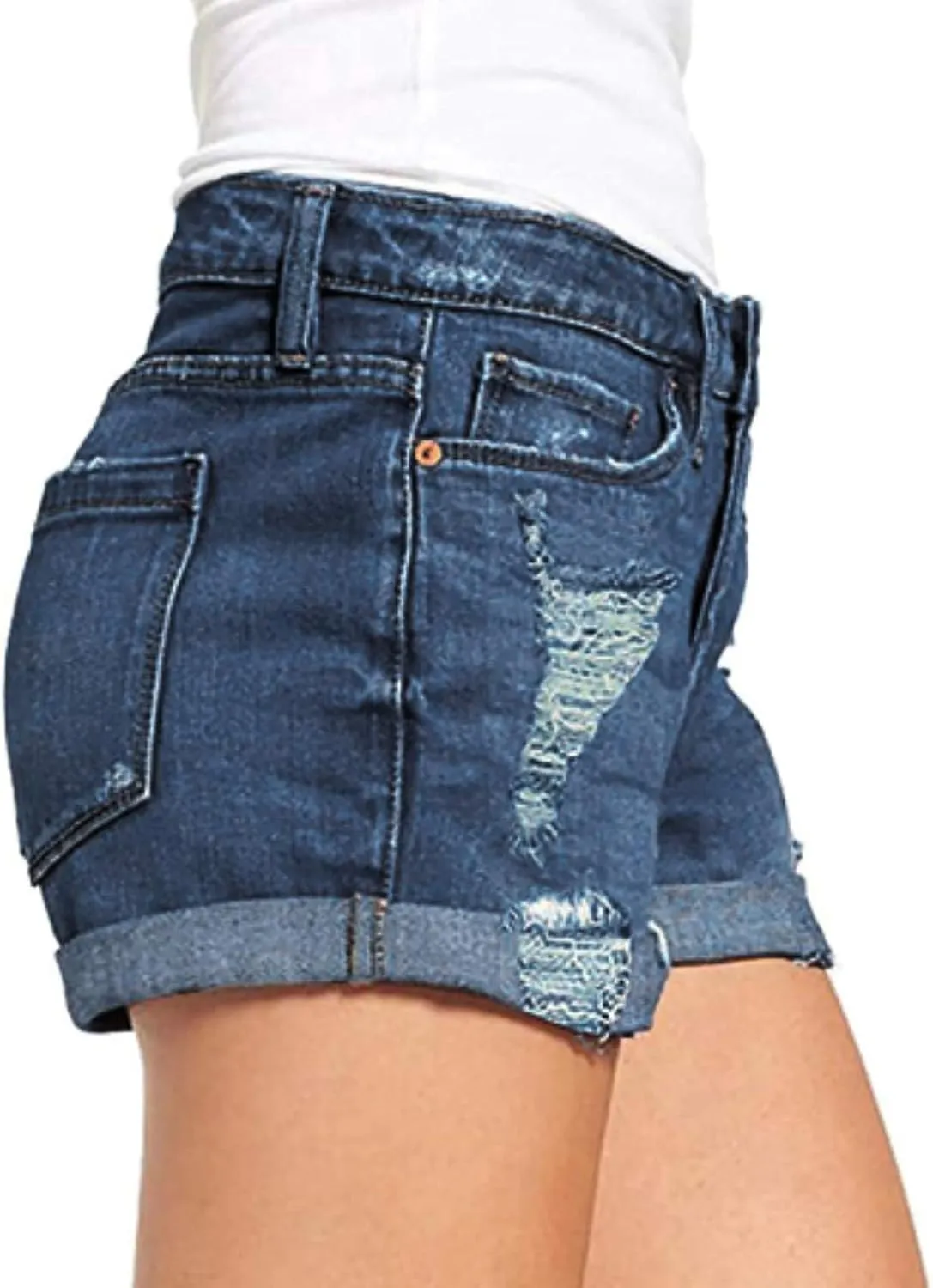 Ripped Denim Shorts for Women Low Rise Stretchable Solid Casual Distressed Shorts Jeans Folded Hem Hot Shorts