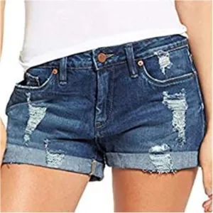 Ripped Denim Shorts for Women Low Rise Stretchable Solid Casual Distressed Shorts Jeans Folded Hem Hot Shorts