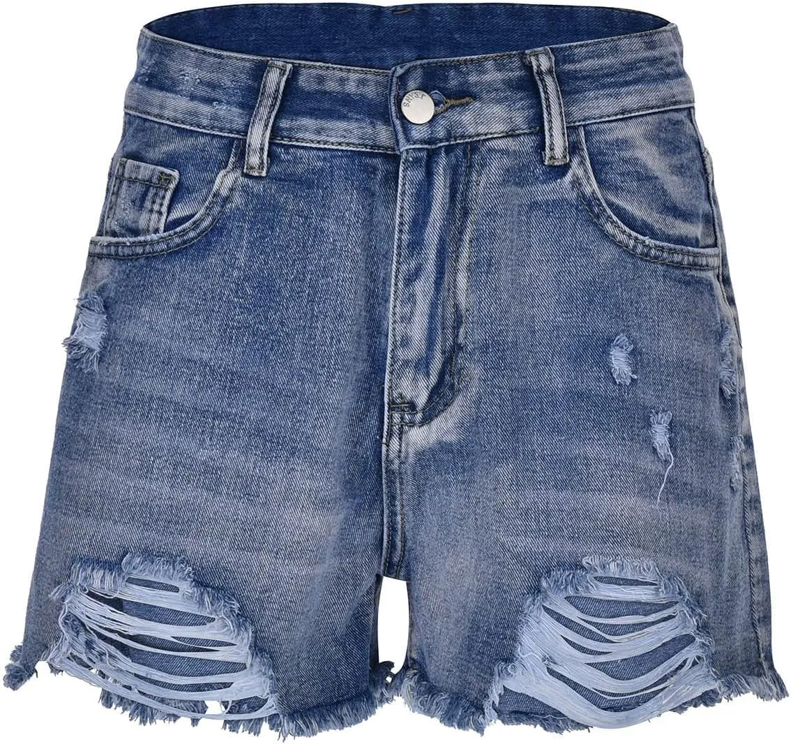 Ripped Jeans Shorts Womens High Waisted Distressed Stretchy Denim Shorts Frayed Raw Hem Summer Trendy Comfy Shorts