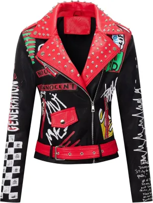 RISISSIDA Women Faux Leather Jacket Studded Rivet Spring Fall Winter Fashion, Moto Biker Trendy Clothes Streetwear Belted