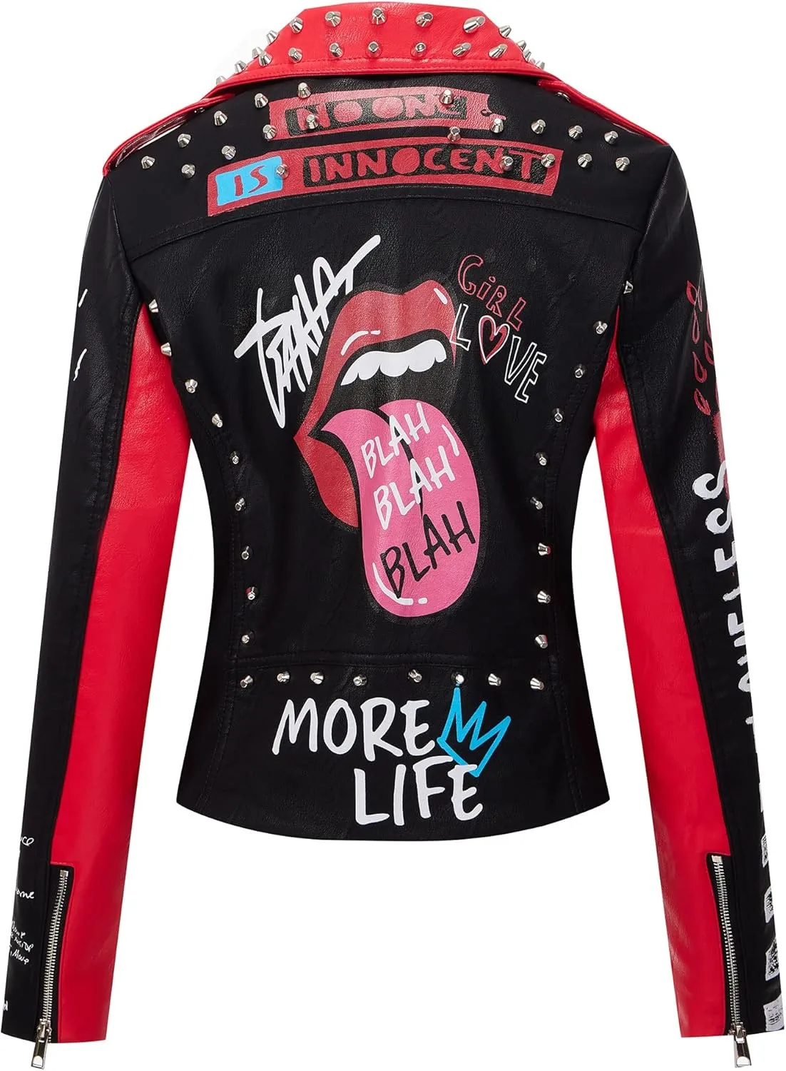 RISISSIDA Women Faux Leather Jacket Studded Rivet Spring Fall Winter Fashion, Moto Biker Trendy Clothes Streetwear Belted