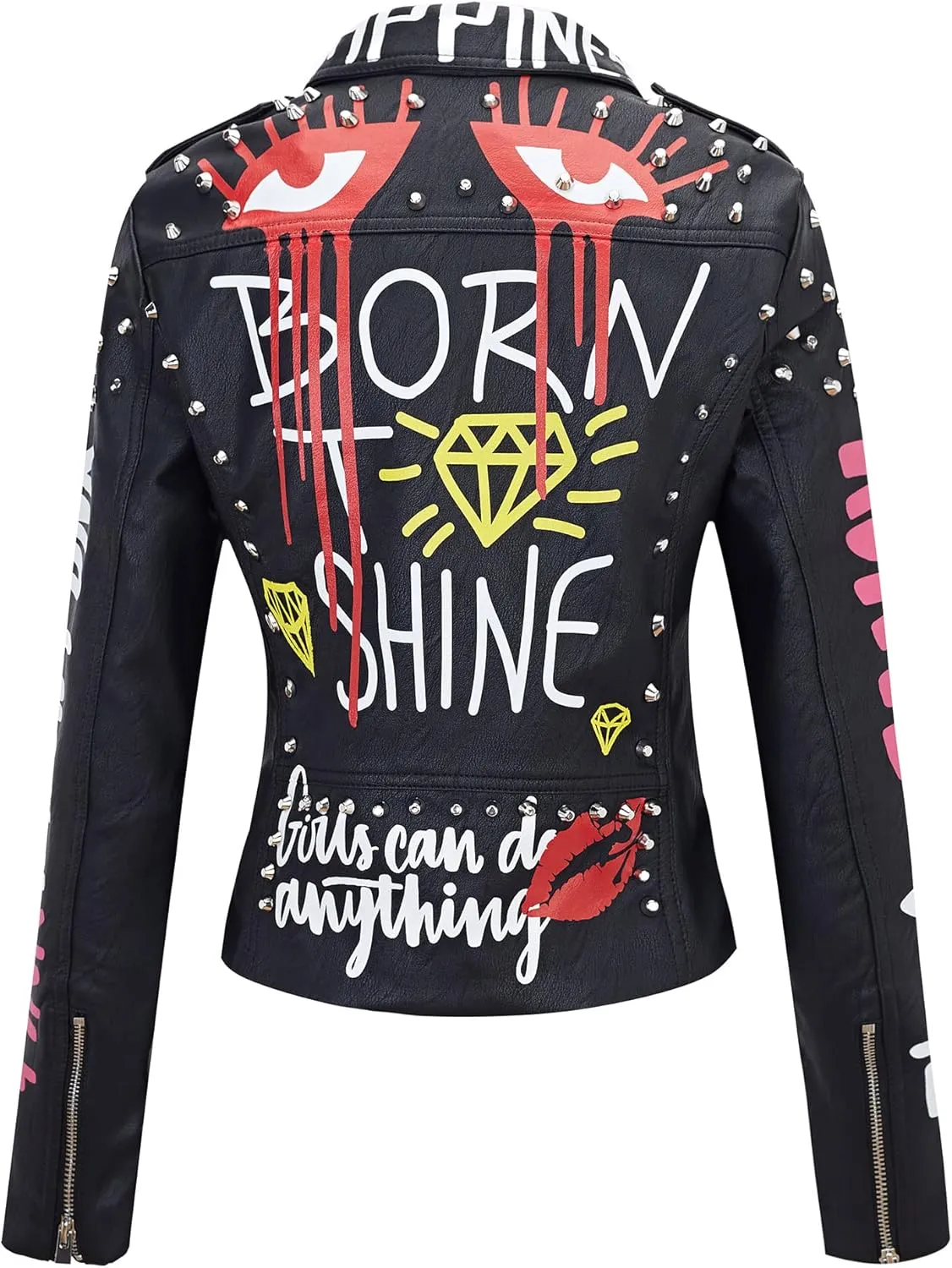 RISISSIDA Women Faux Leather Jacket Studded Rivet Spring Fall Winter Fashion, Moto Biker Trendy Clothes Streetwear Belted