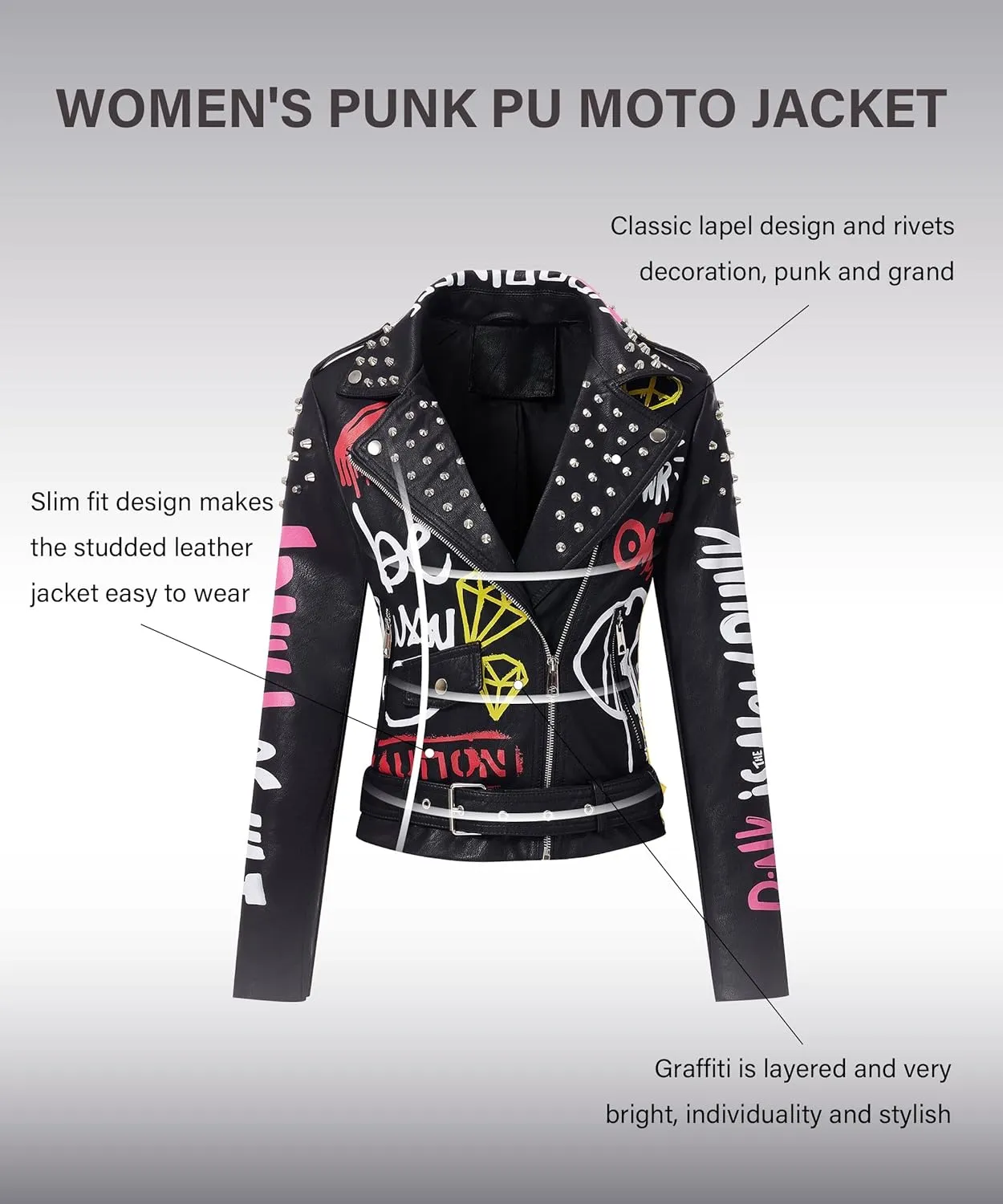 RISISSIDA Women Faux Leather Jacket Studded Rivet Spring Fall Winter Fashion, Moto Biker Trendy Clothes Streetwear Belted
